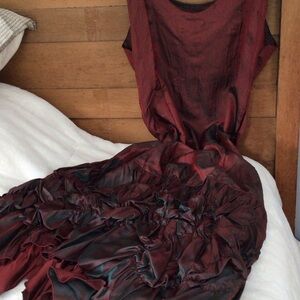 Lee Andersen Women's Wine Cabernet and Teal Satin Ruched Tiered Maxi Dress S